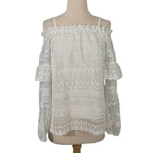 Parker White Lace Eyelet Cold Shoulder Jordana Blouse Long Sleeve Polyester Sz S